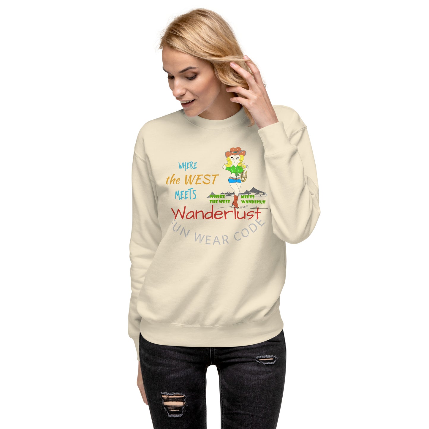 Woman wearing a 'Fun Wear Code' brand cream-colored sweatshirt with text and a cowgirl graphics on a white background