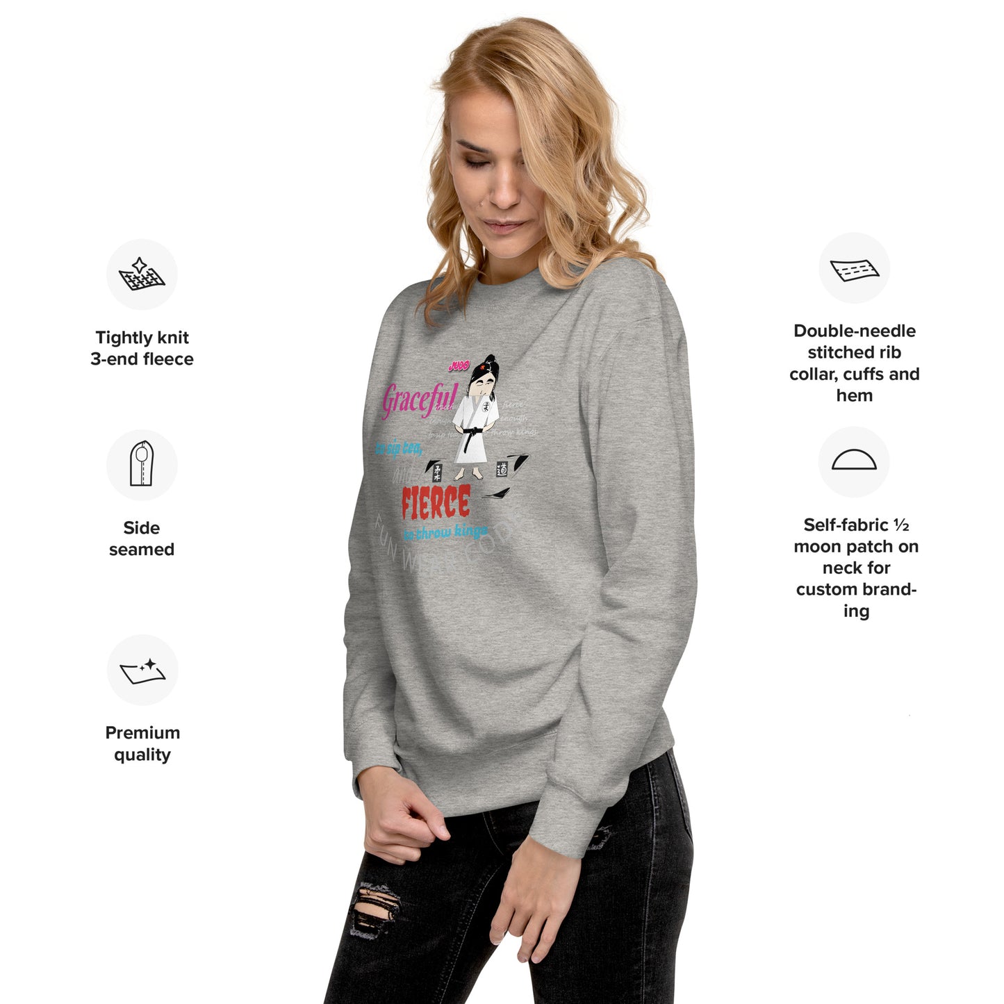 Woman wearing a gray 'Fun Wear Code' brand sweatshirt with text and graphics, standing against a white background with text about sweatshirt features.