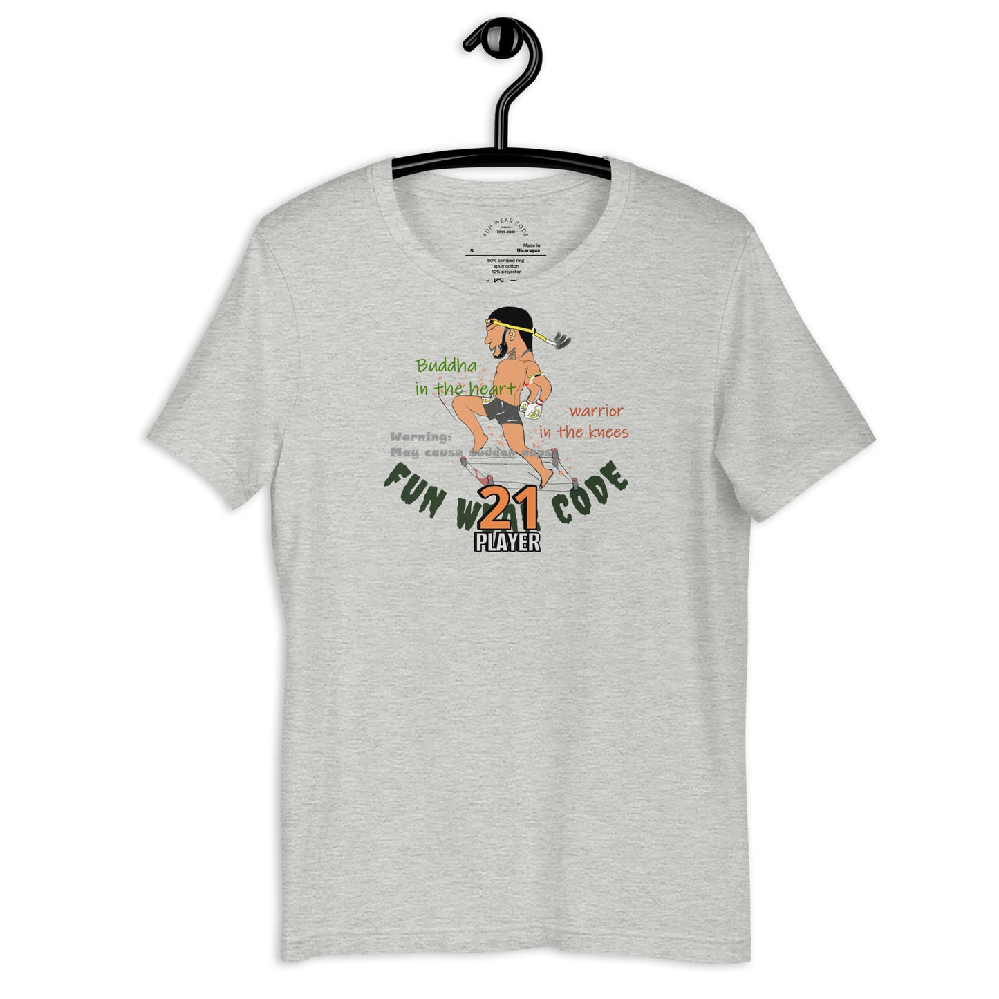 Gray t-shirt with a playful Thai boxer graphic design on a hanger against a white background