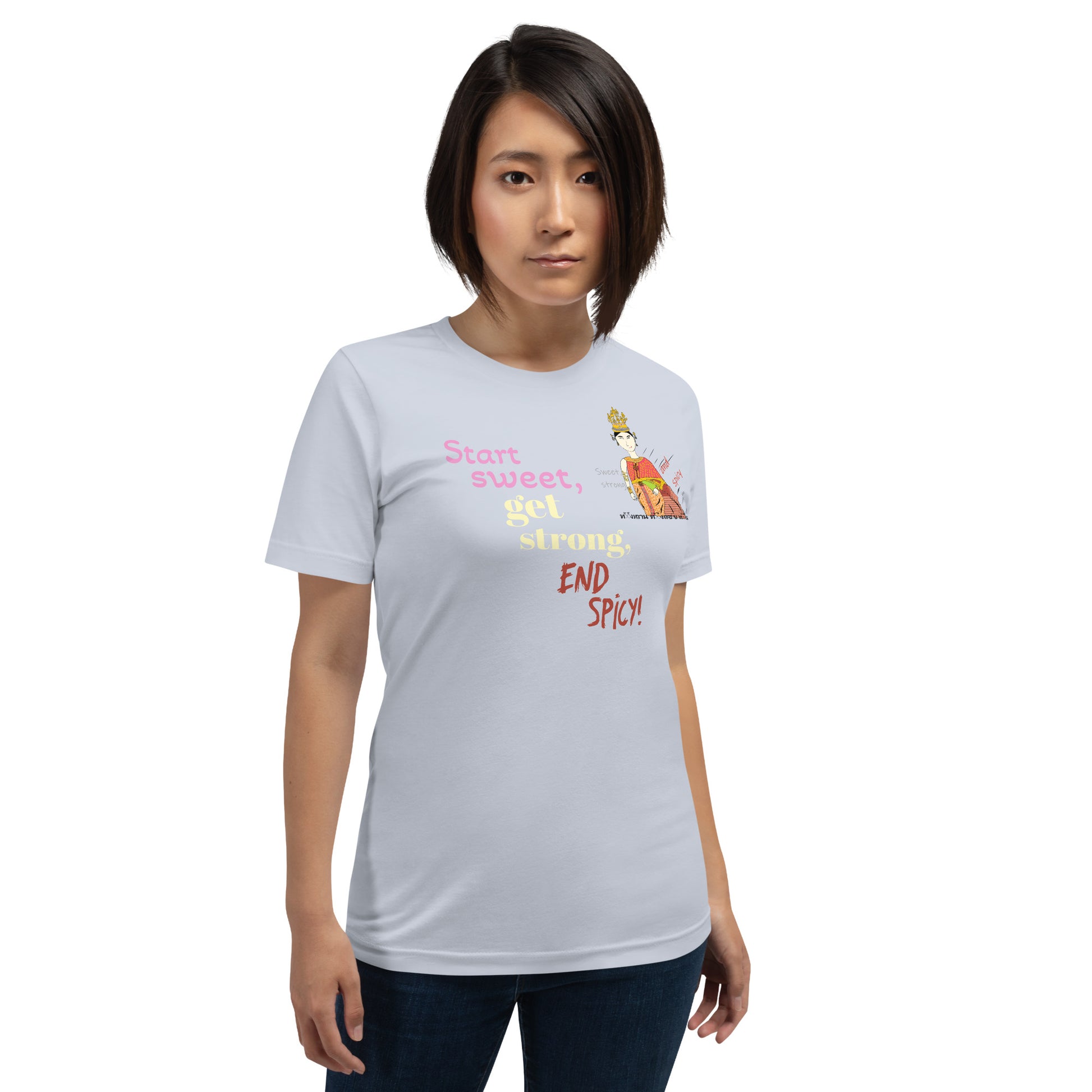 Woman wearing a t-shirt with colorful texts and a Thai lady graphic design on a white background