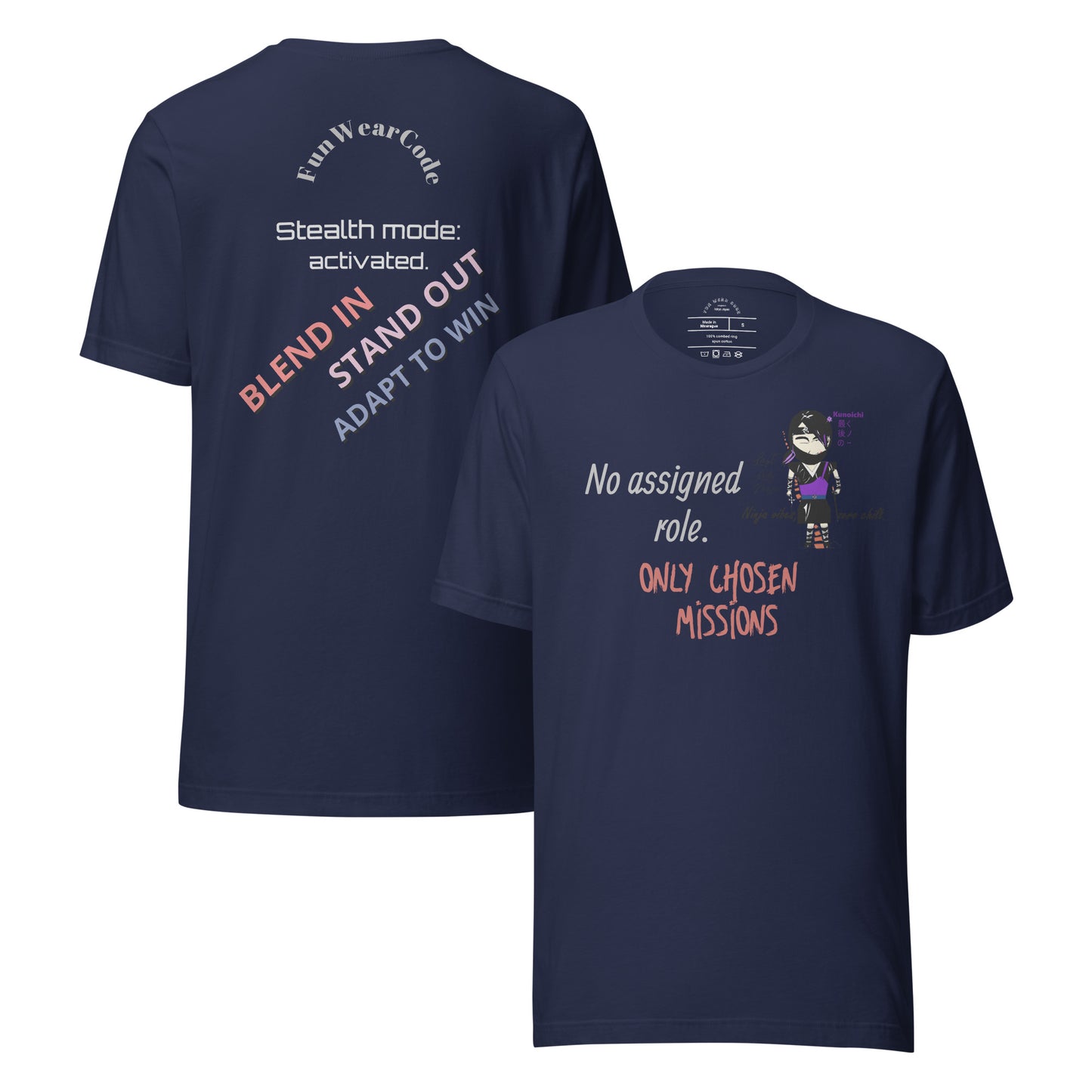 Navy blue t-shirt with a 'Fun Wear Code' text logo, colorful texts and a playful lady ninja graphic design on front and back