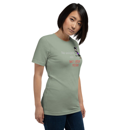 Woman wearing a green t-shirt with text and a playful lady ninja graphic design on a white background