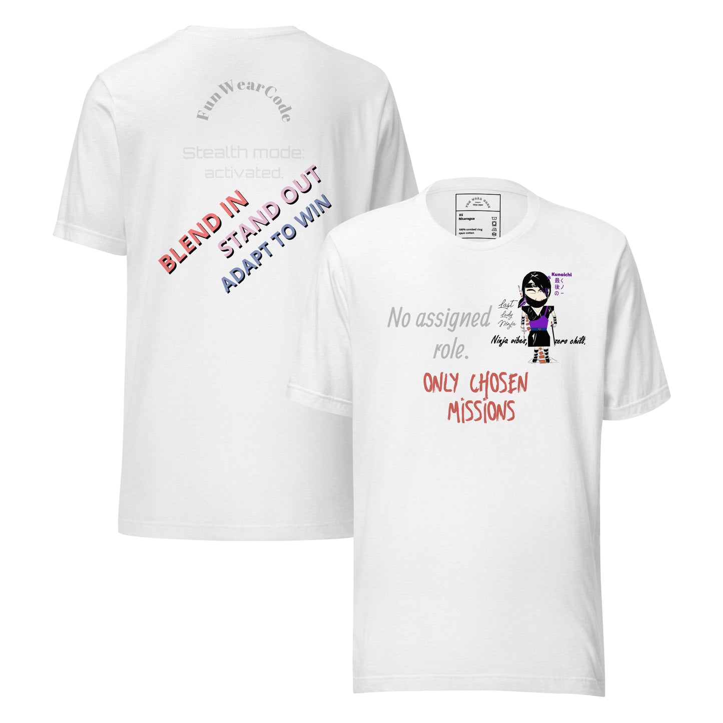 Two white t-shirts with a 'Fun Wear Code' text logo, colorful texts and a playful lady ninja graphic design on a white background