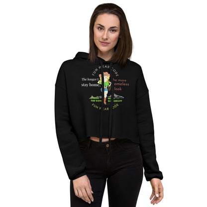 Woman wearing a 'Fun Wear Code' branded black hoodie with a cowgirl graphic design on a white background