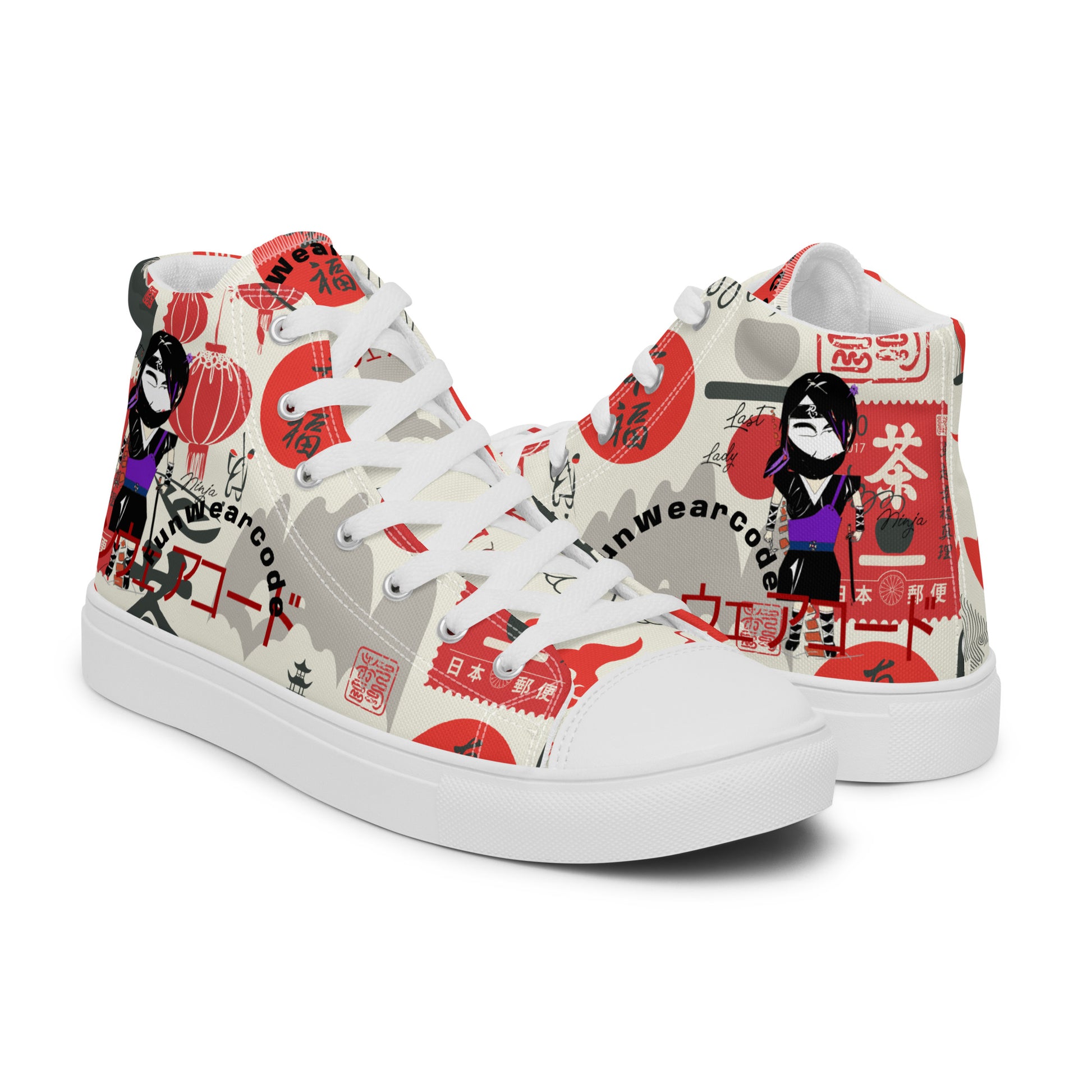 Pair of high-top sneakers with colorful Japanese elements graphic design, and with a ninja graphic and 'Fun Wear Code' text logo on a white background