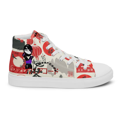 High-top sneakers with colorful Japanese-themed graphic design, and with a ninja graphic and 'Fun Wear Code' text logo on a white background